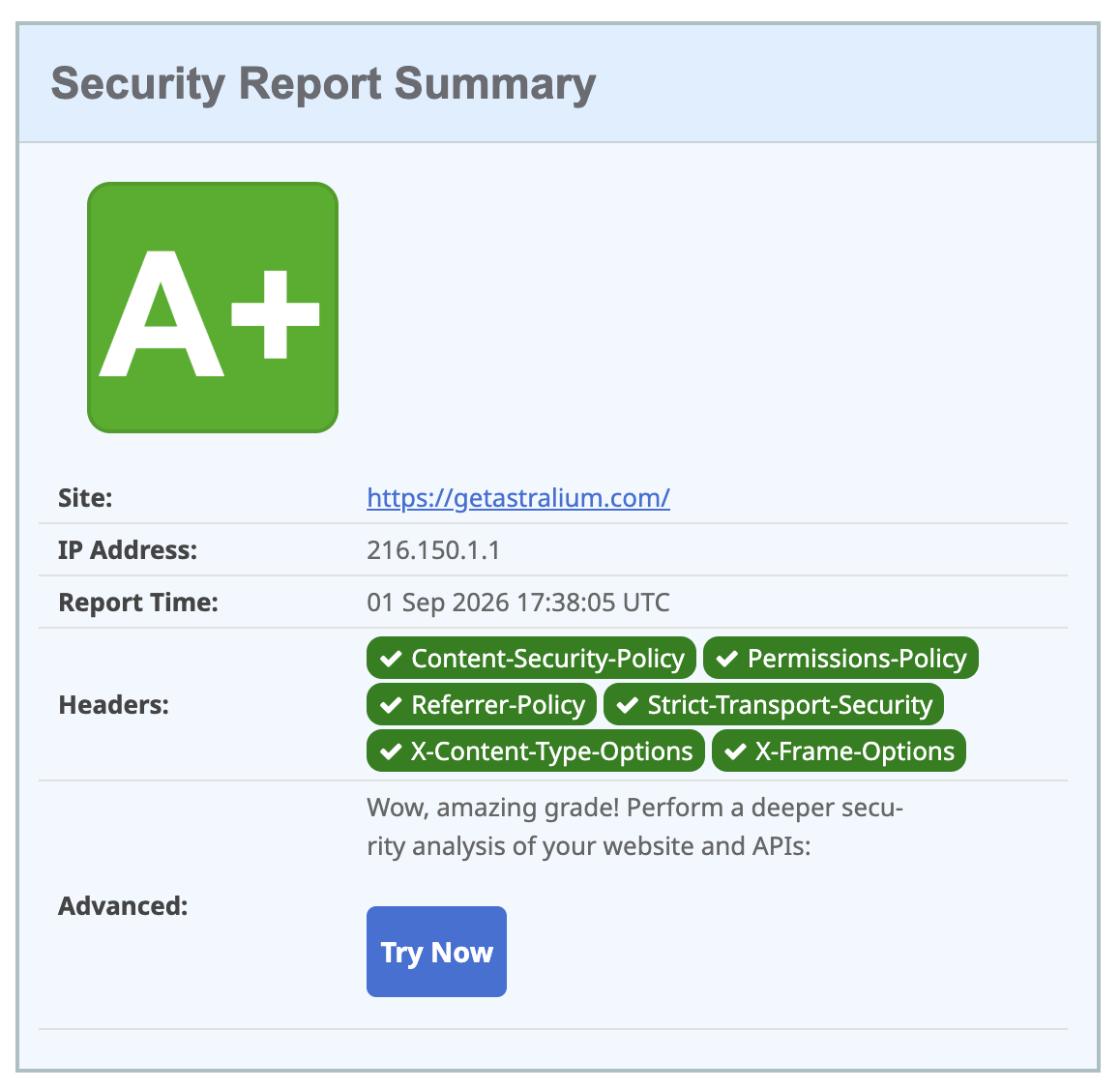 securityheaders.com 对 getastralium.com 的检测结果,评等 A+,六项安全标头全数通过